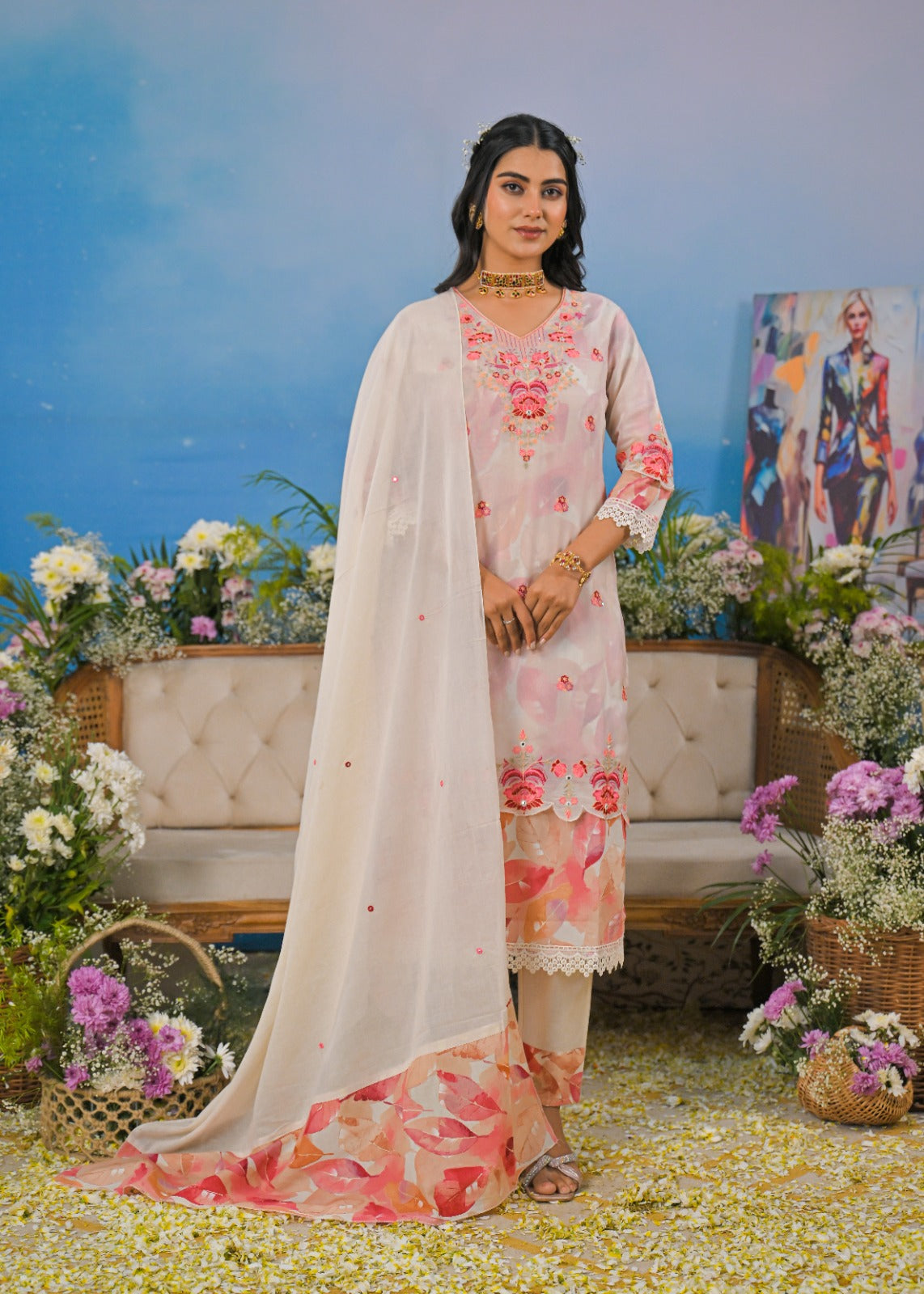 Cotton Floral Cutwork Layered Suit Set for Women