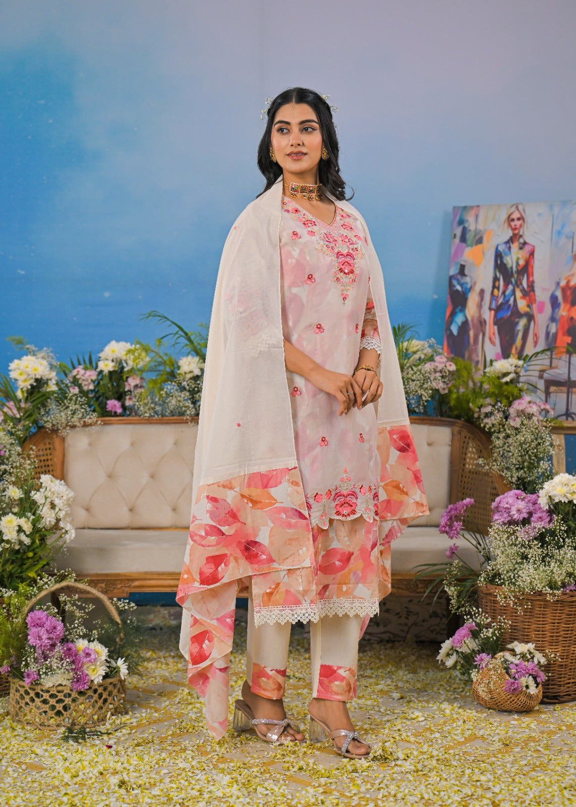 Cotton Floral Cutwork Layered Suit Set for Women