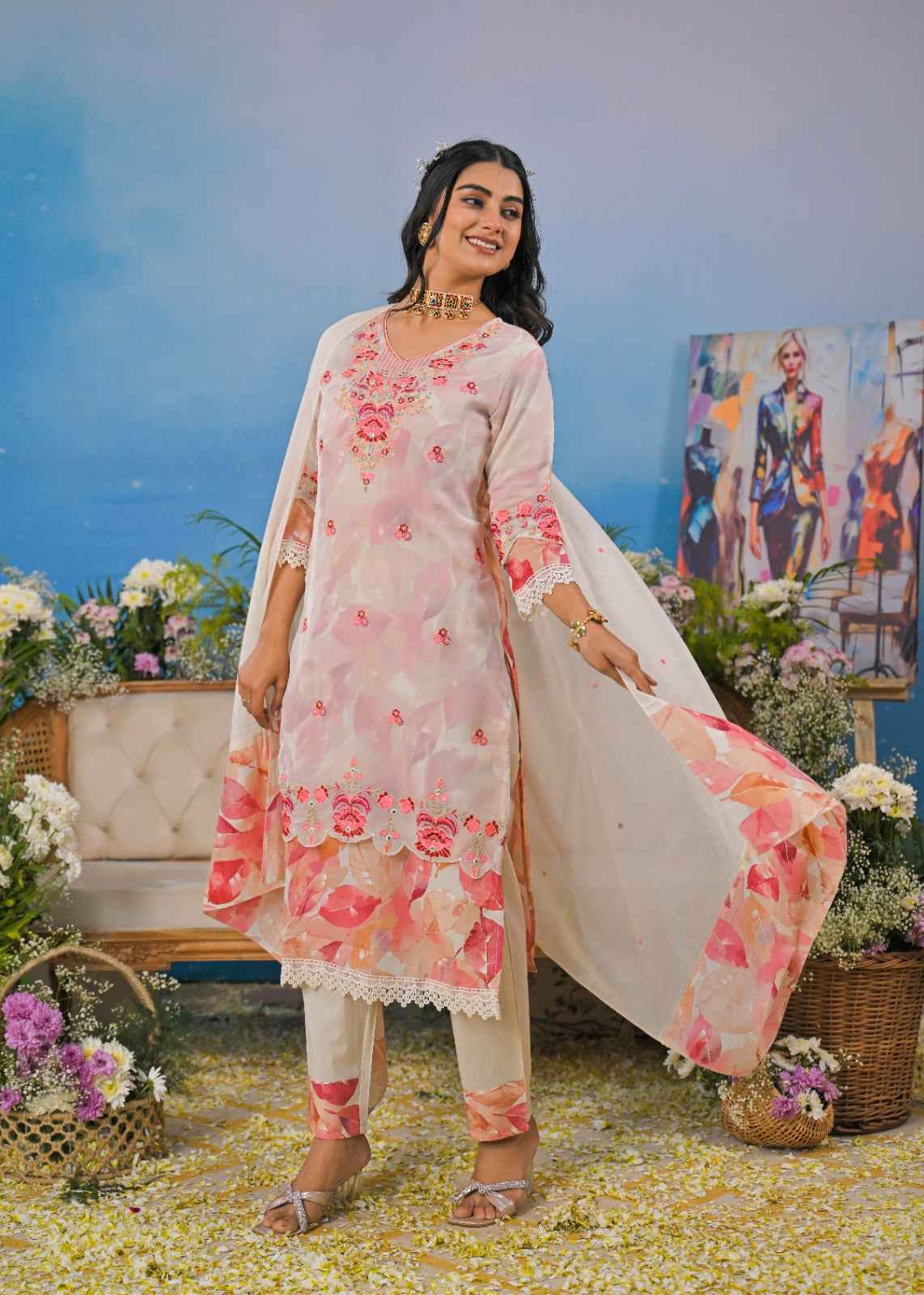 Cotton Floral Cutwork Layered Suit Set for Women