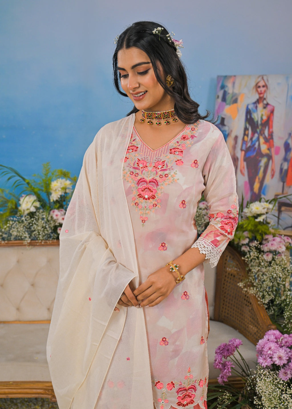 Cotton Floral Cutwork Layered Suit Set for Women