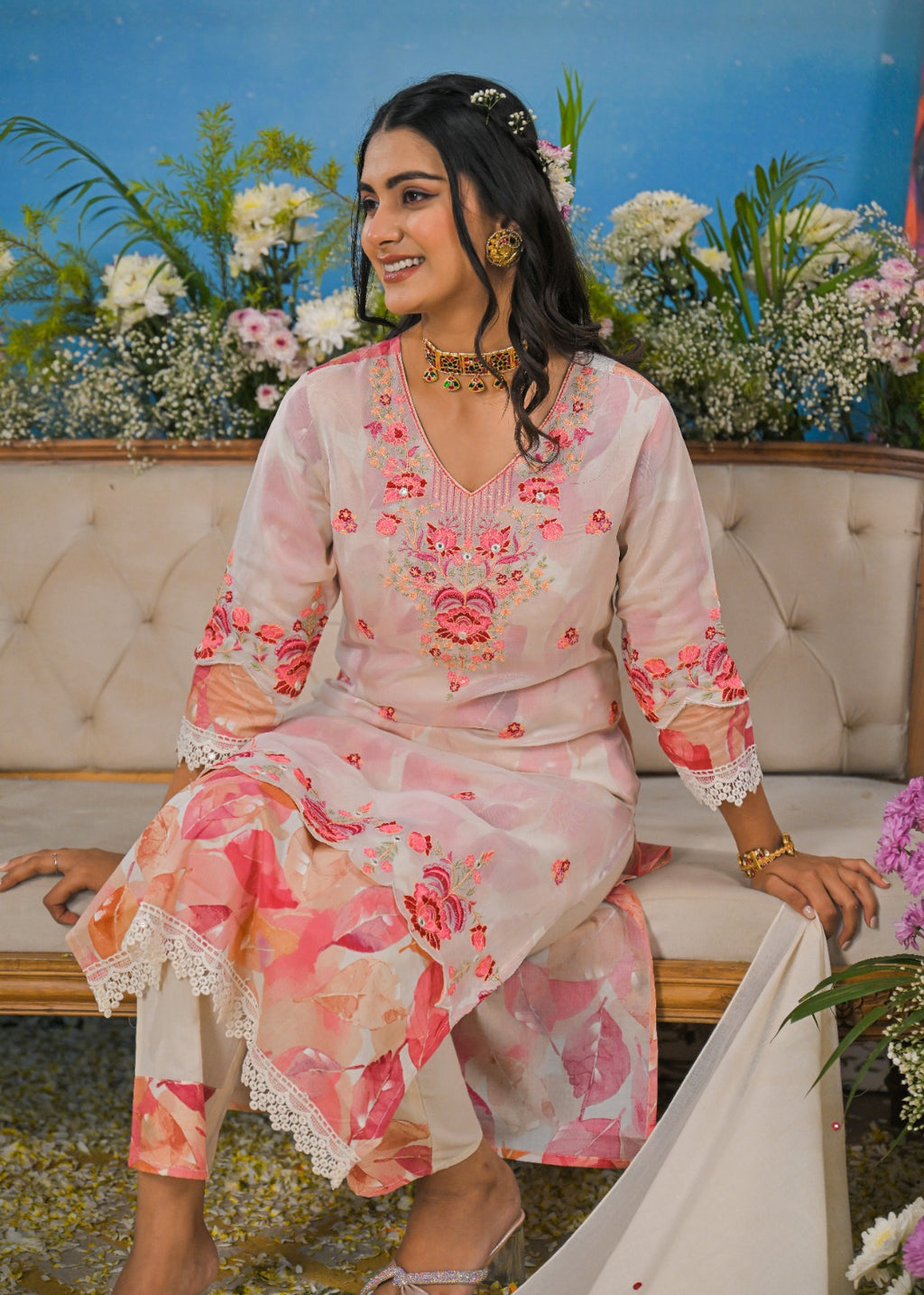 Cotton Floral Cutwork Layered Suit Set for Women