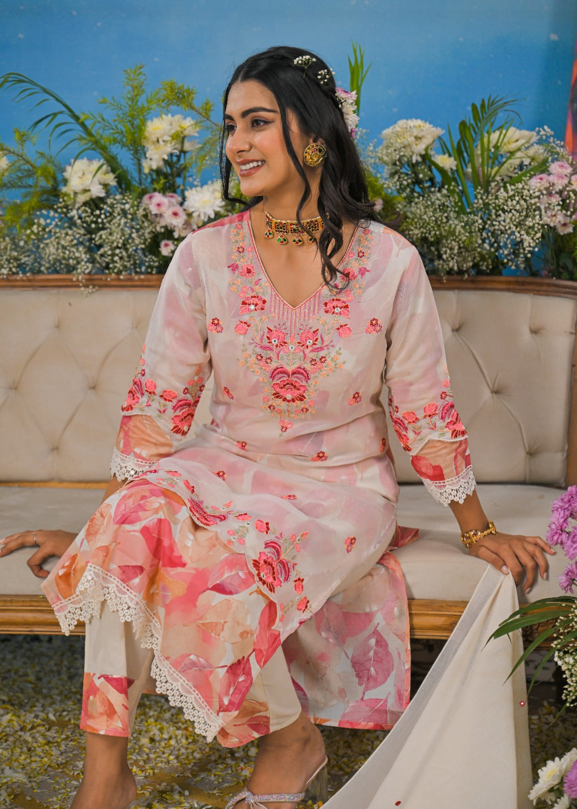 Cotton Floral Cutwork Layered Suit Set for Women