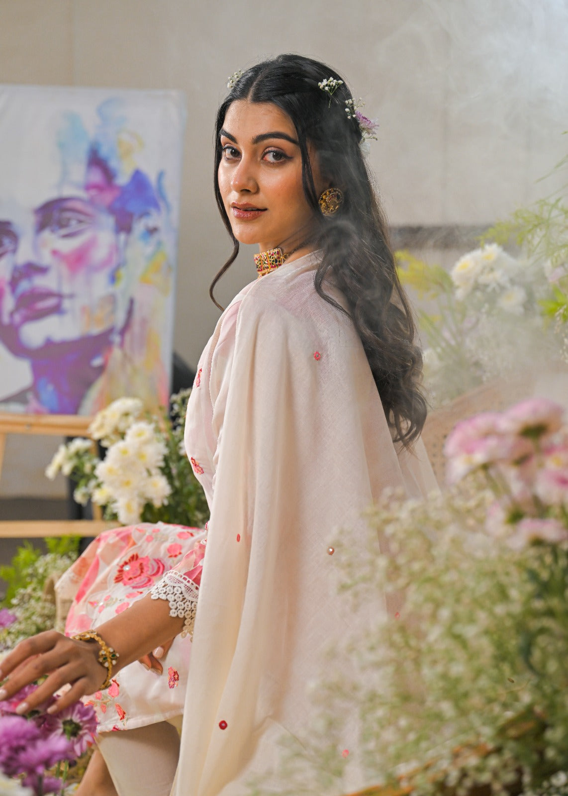 Cotton Floral Cutwork Layered Suit Set for Women