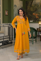 Premium Cotton Mustard Yellow Embroidered Anarkali Suit Set