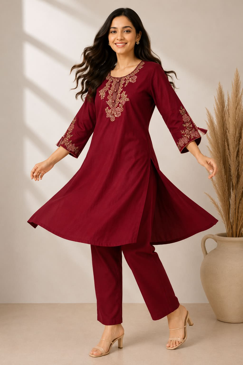 Maroon Embroidered Kurta Pant Co-Ord Set for Women | Ethnic Wear