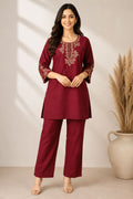 Maroon Embroidered Kurta Pant Co-Ord Set for Women | Ethnic Wear
