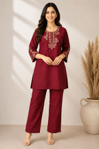 Maroon Embroidered Kurta Pant Co-Ord Set for Women | Ethnic Wear