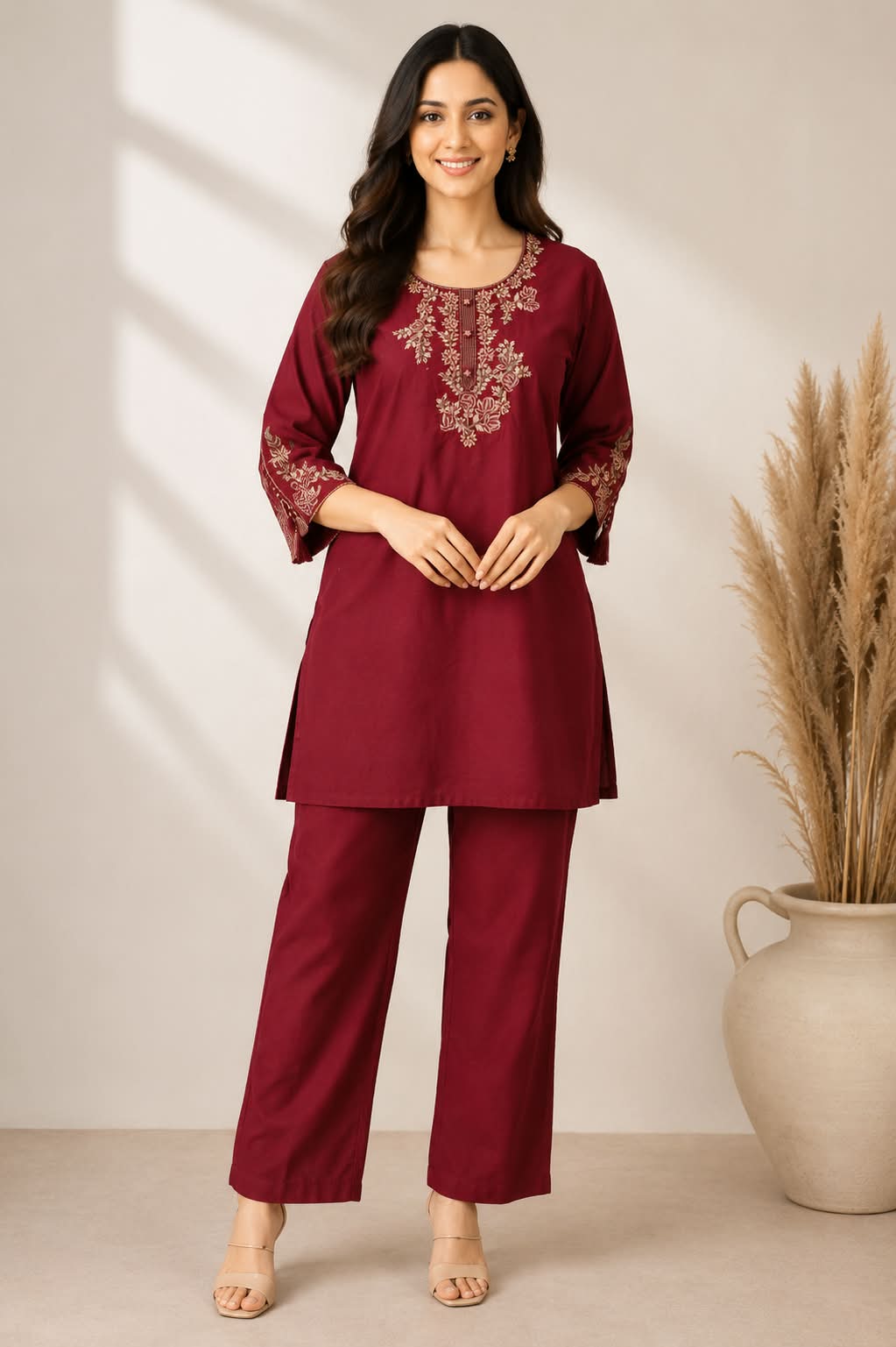 Maroon Embroidered Kurta Pant Co-Ord Set for Women | Ethnic Wear