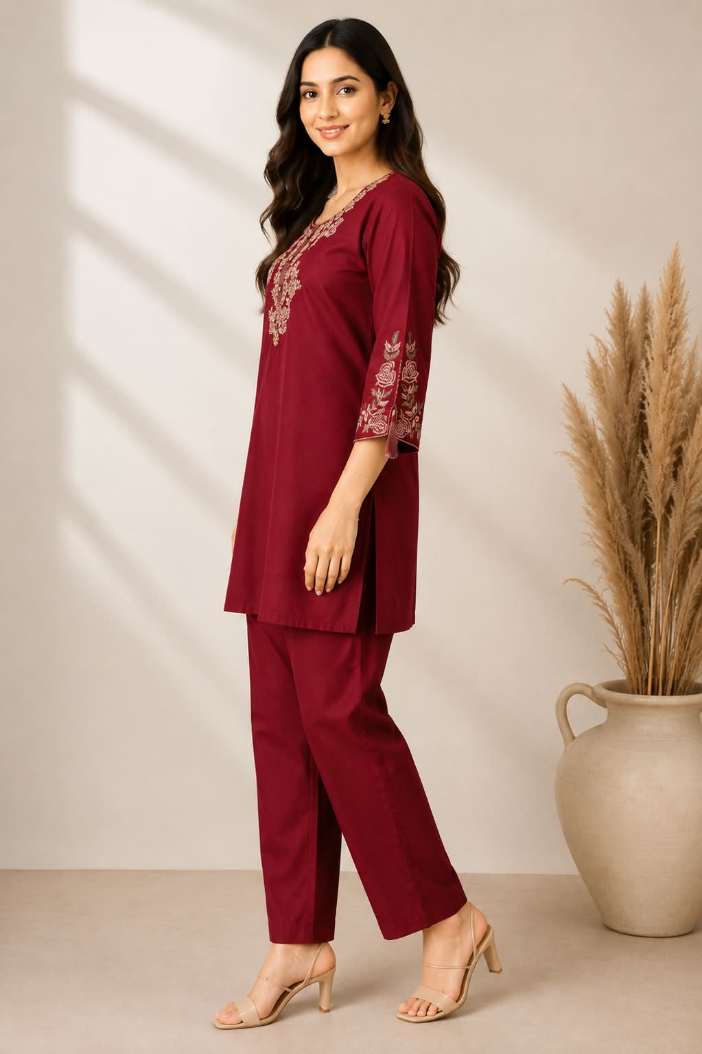 Maroon Embroidered Kurta Pant Co-Ord Set for Women | Ethnic Wear
