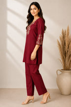 Maroon Embroidered Kurta Pant Co-Ord Set for Women | Ethnic Wear