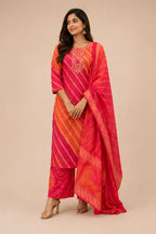 Red & Orange Leheriya Print 3-Piece Cotton Suit Set with Bandhani Palazzo