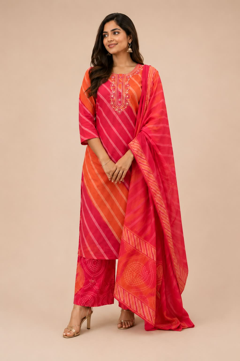 Red & Orange Leheriya Print 3-Piece Cotton Suit Set with Bandhani Palazzo