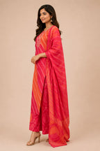 Red & Orange Leheriya Print 3-Piece Cotton Suit Set with Bandhani Palazzo