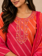 Red & Orange Leheriya Print 3-Piece Cotton Suit Set with Bandhani Palazzo