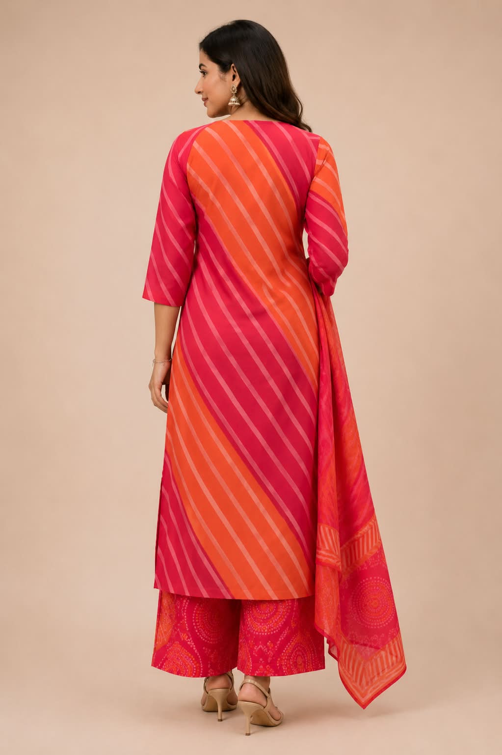 Red & Orange Leheriya Print 3-Piece Cotton Suit Set with Bandhani Palazzo
