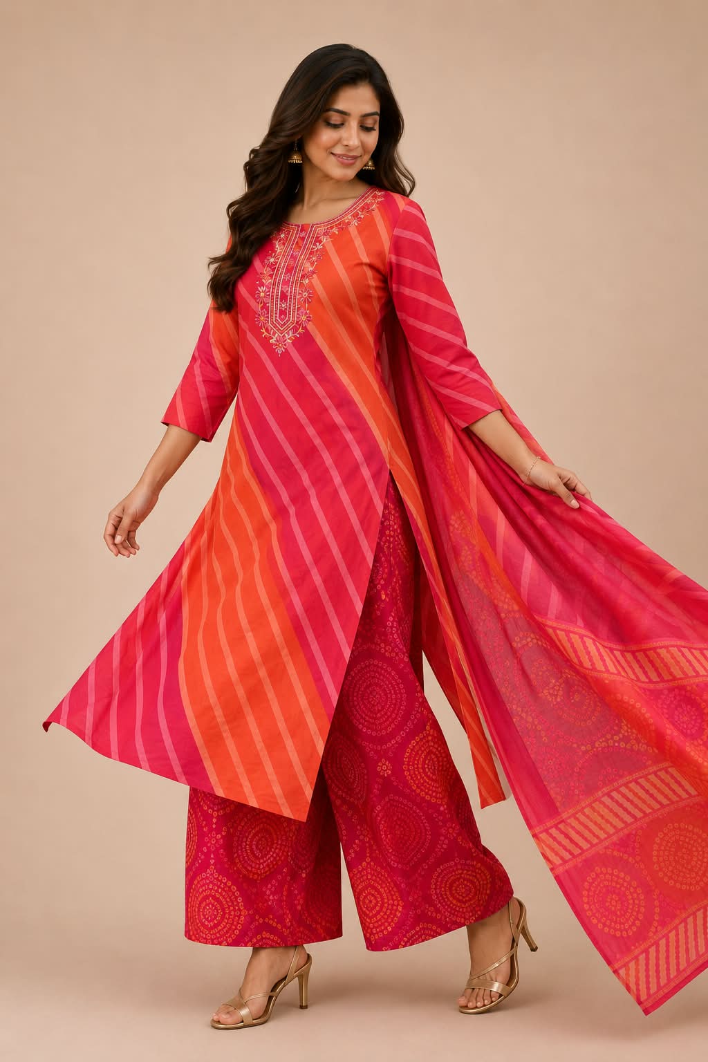 Red & Orange Leheriya Print 3-Piece Cotton Suit Set with Bandhani Palazzo