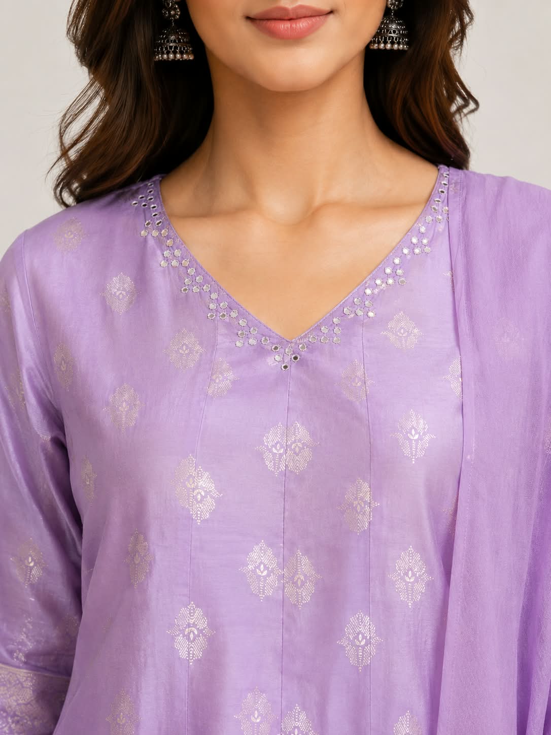 Lavender Mul Chanderi Foil Print Kalidar 3-Piece Suit Set with Palazzo & Dupatta