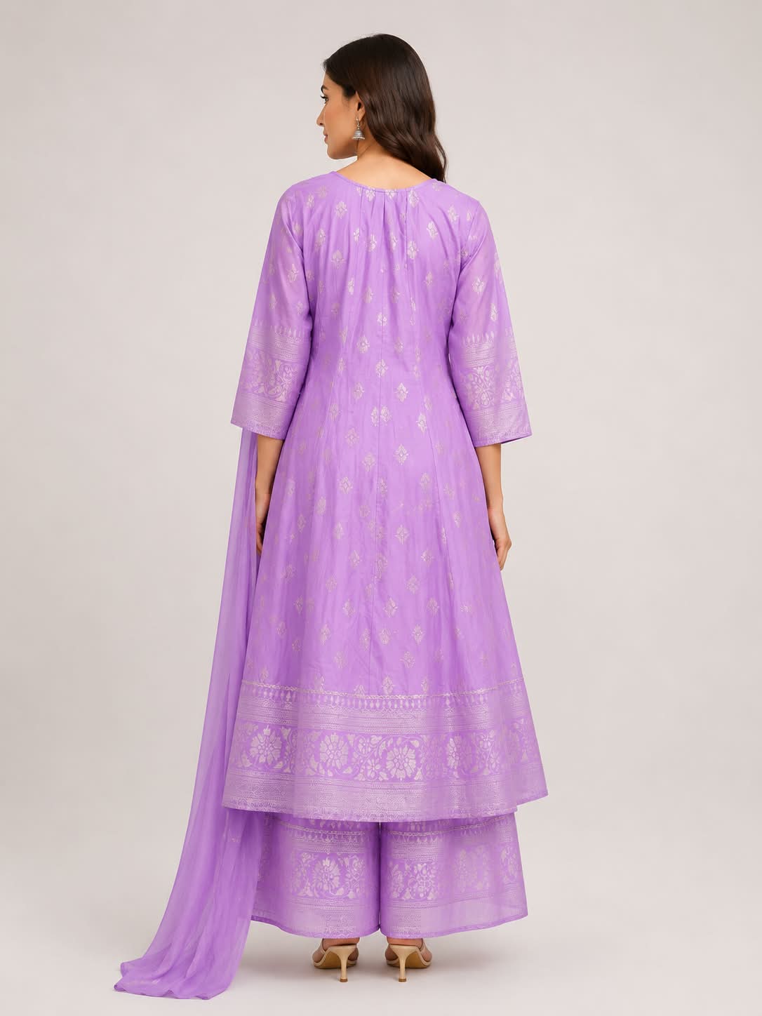 Lavender Mul Chanderi Foil Print Kalidar 3-Piece Suit Set with Palazzo & Dupatta