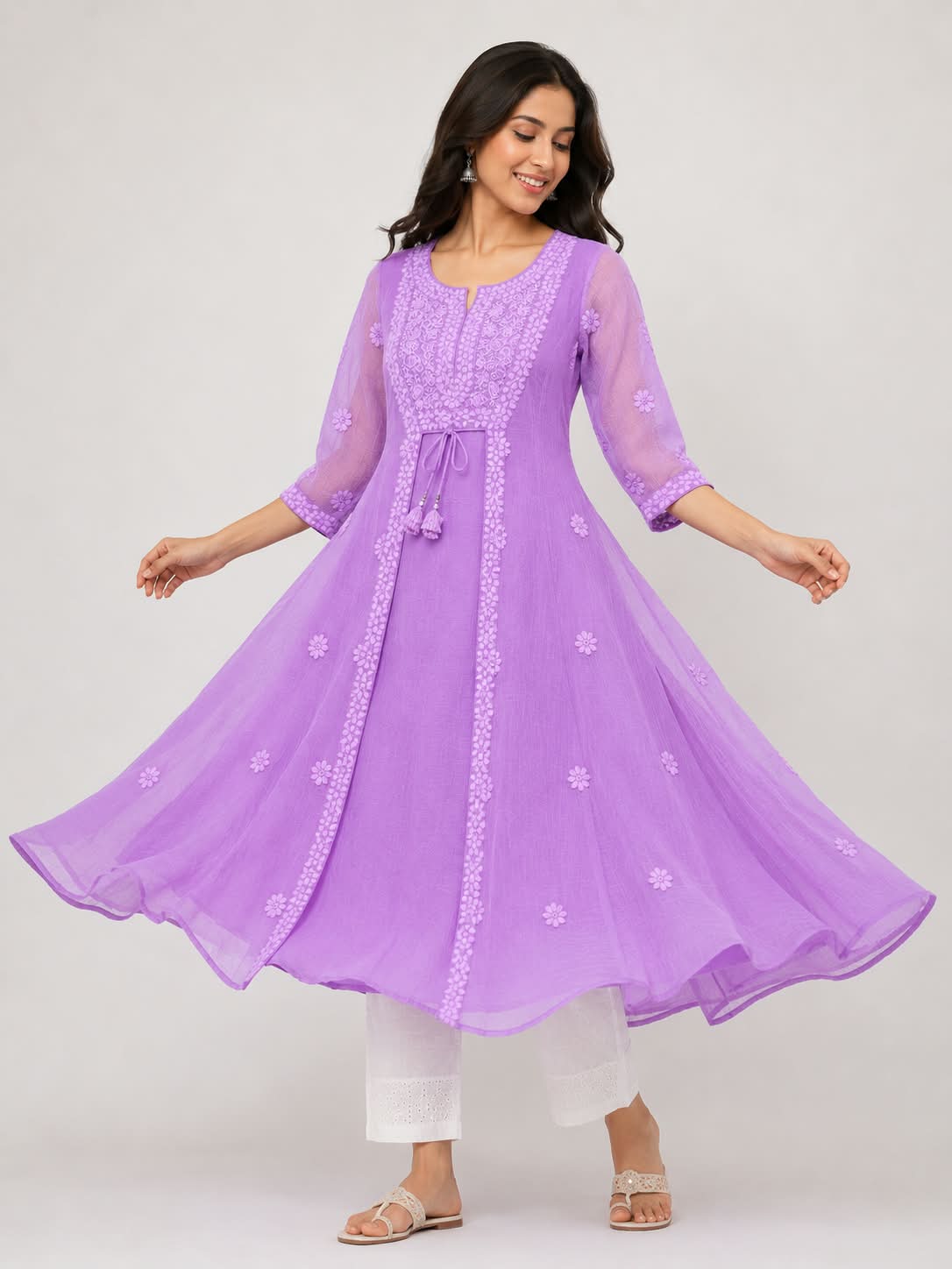 Lavender Layered Floral Embroidered Cotton Kurti Dress for Women