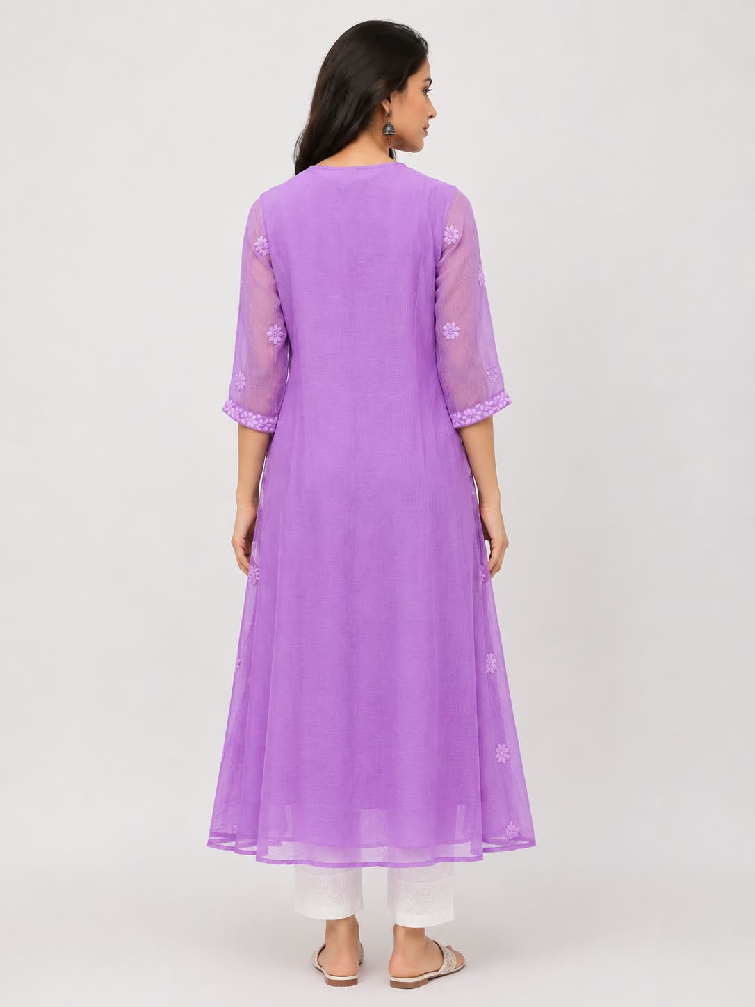 Lavender Layered Floral Embroidered Cotton Kurti Dress for Women