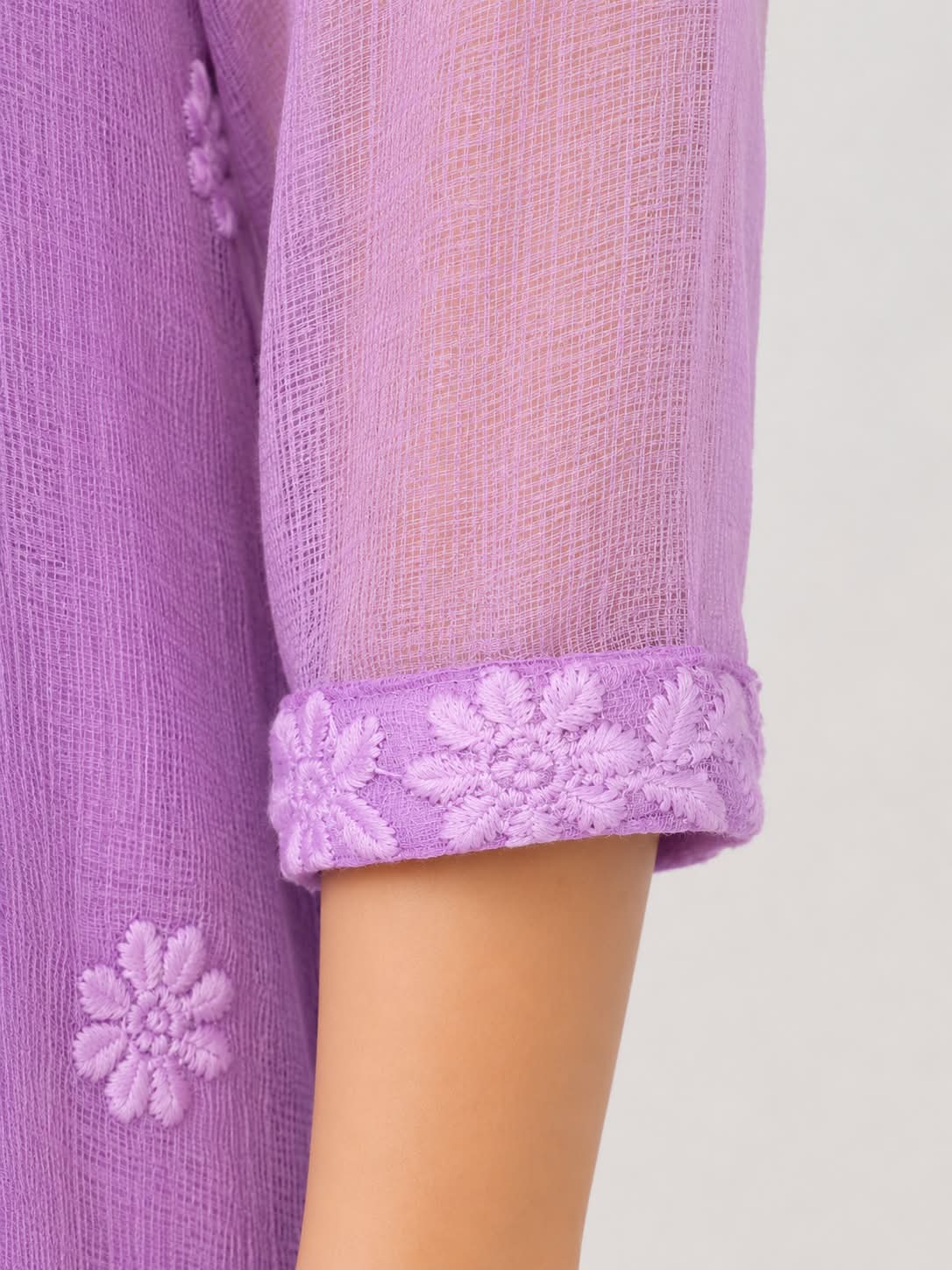 Lavender Layered Floral Embroidered Cotton Kurti Dress for Women