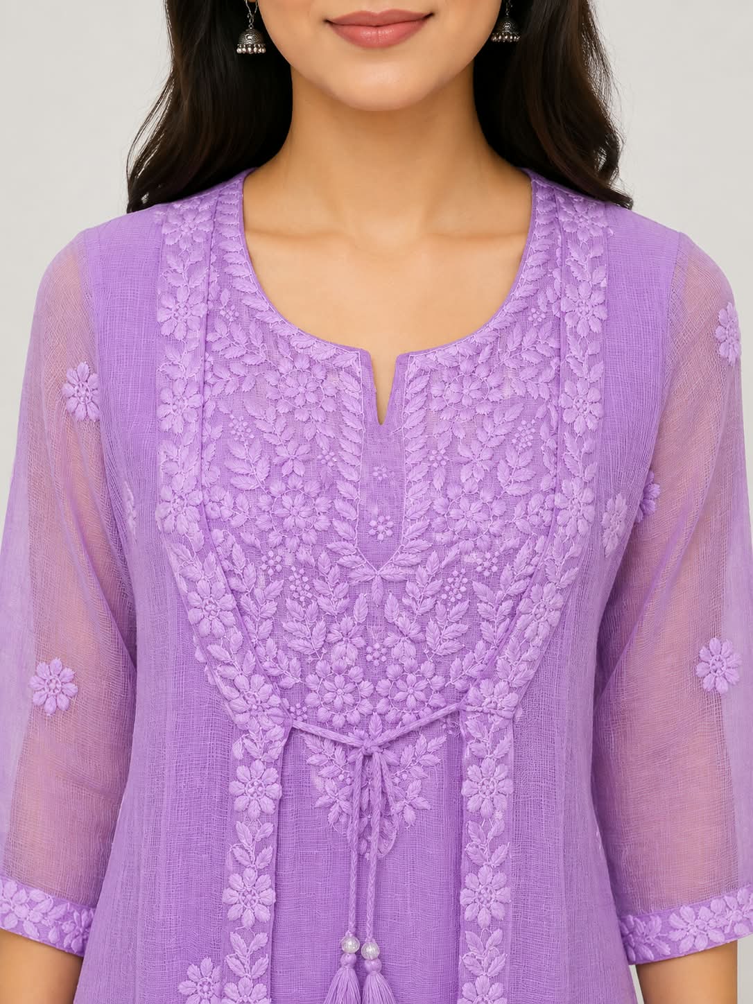 Lavender Layered Floral Embroidered Cotton Kurti Dress for Women