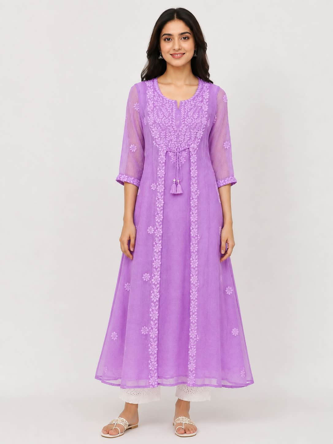 Lavender Layered Floral Embroidered Cotton Kurti Dress for Women
