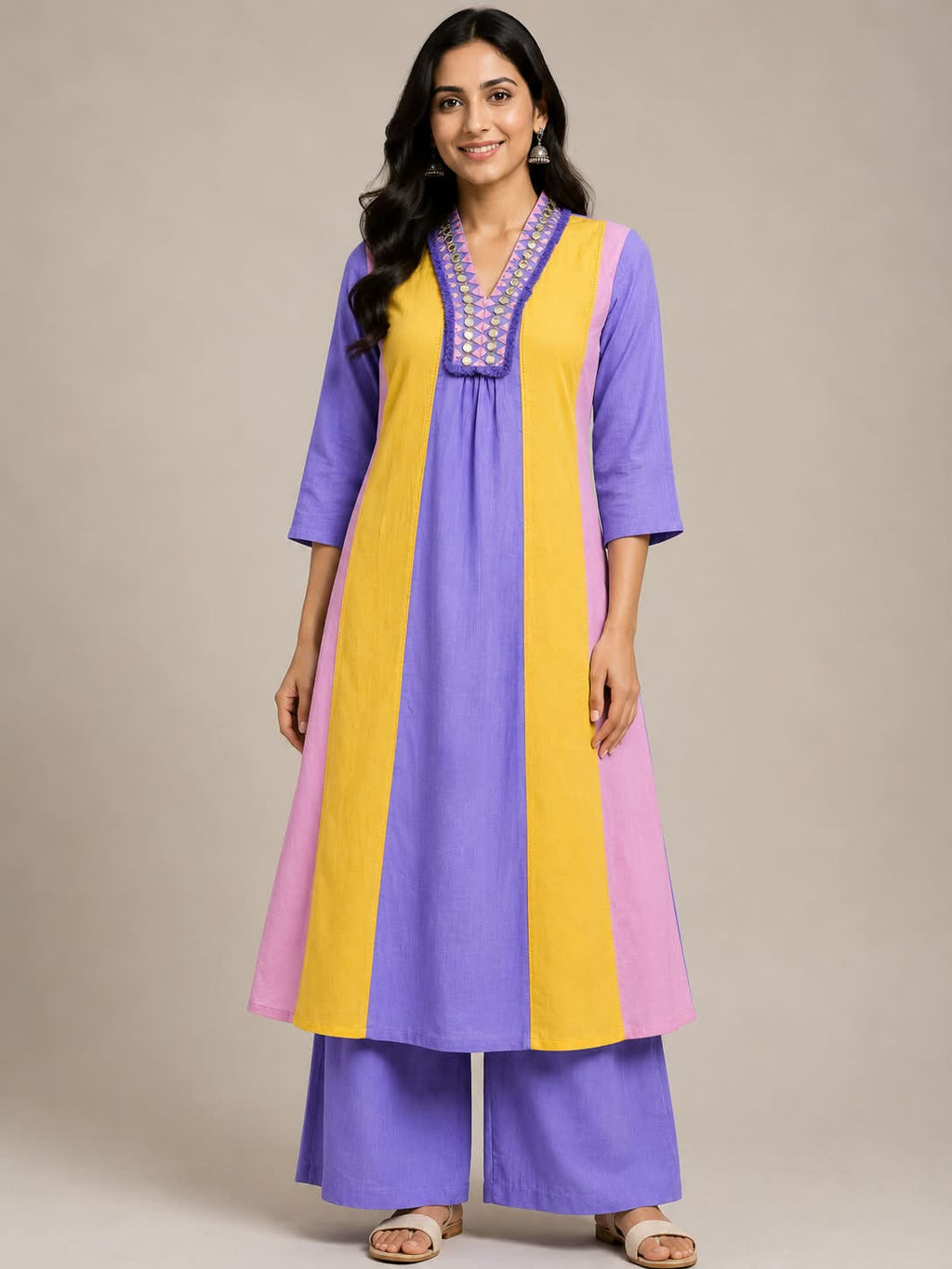 Multicolor Cotton Co-Ord Set with Embellished Neckline & Palazzo Pants