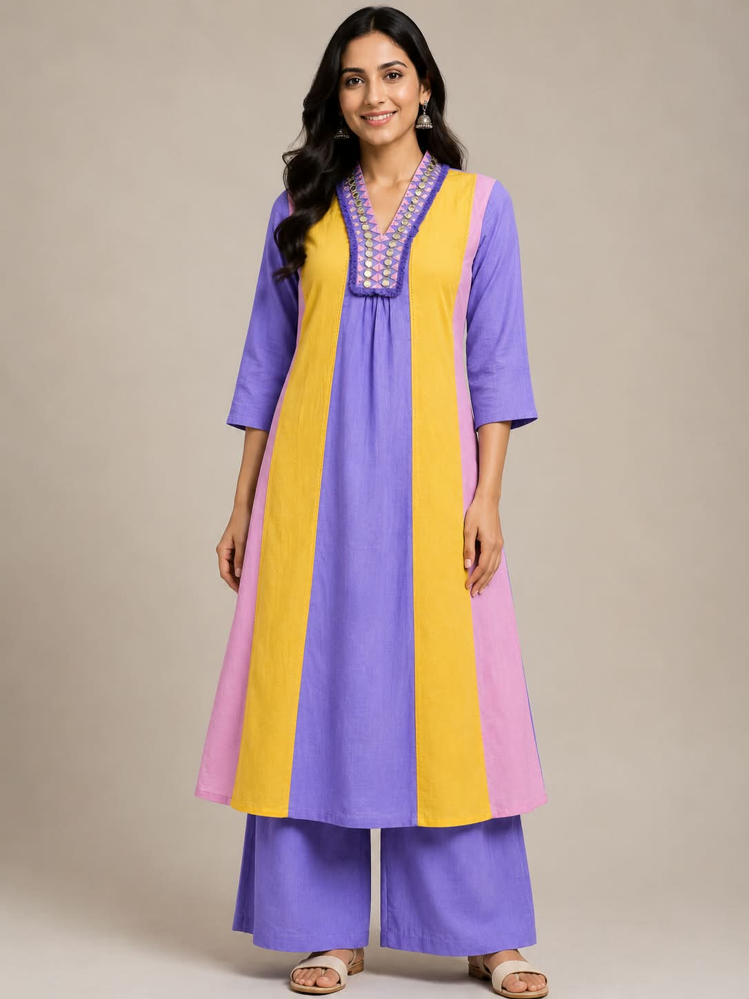Multicolor Cotton Co-Ord Set with Embellished Neckline & Palazzo Pants