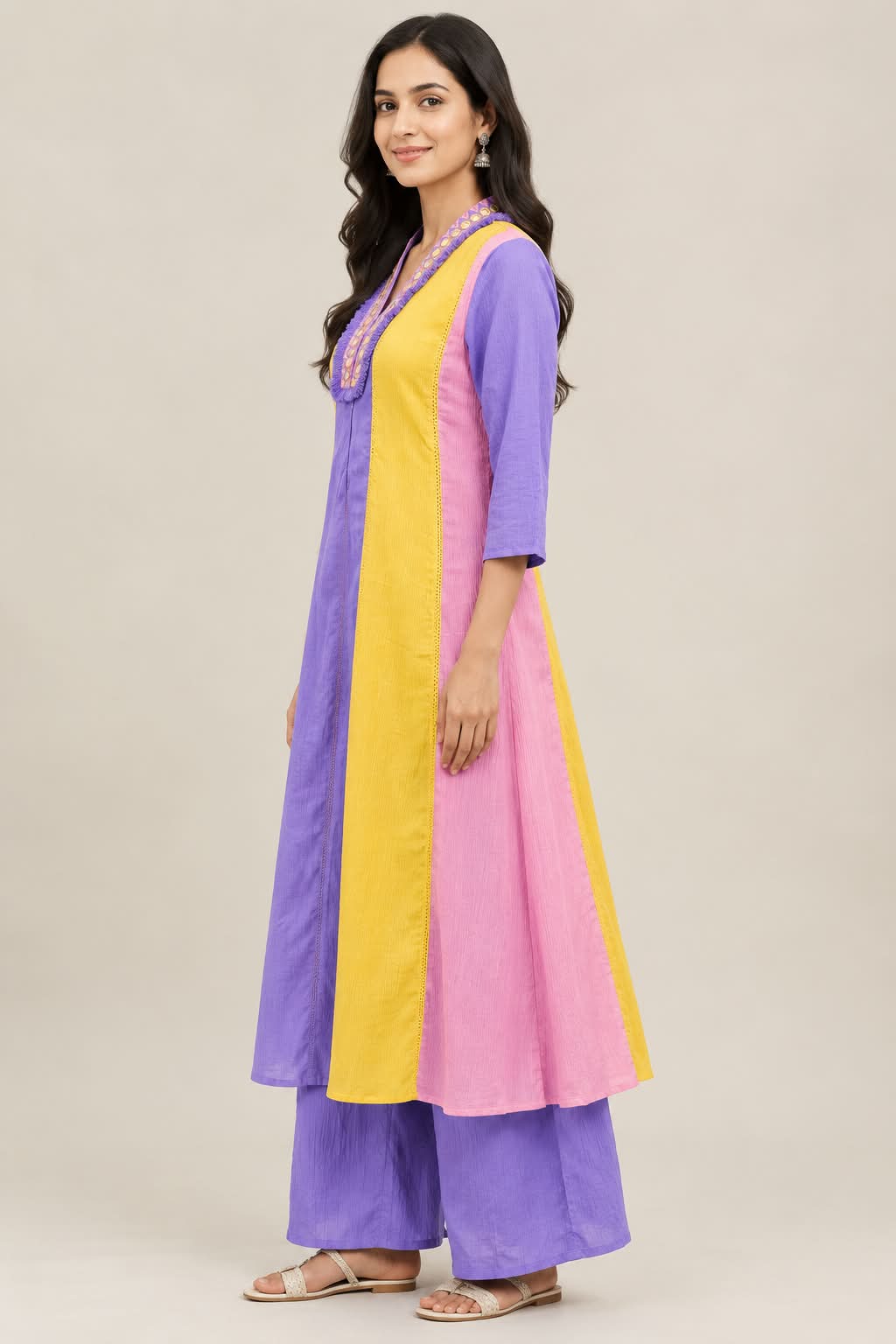 Multicolor Cotton Co-Ord Set with Embellished Neckline & Palazzo Pants