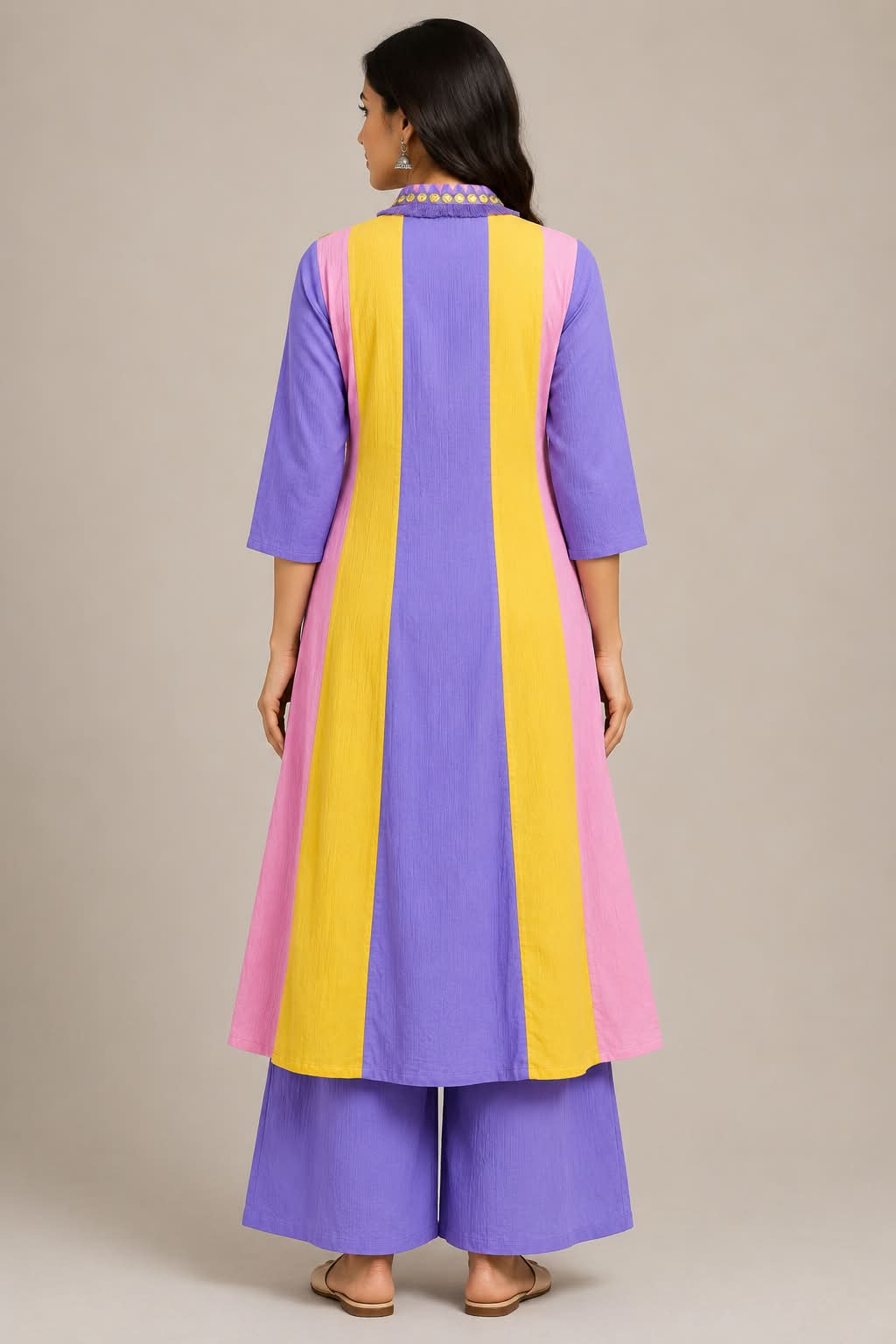 Multicolor Cotton Co-Ord Set with Embellished Neckline & Palazzo Pants