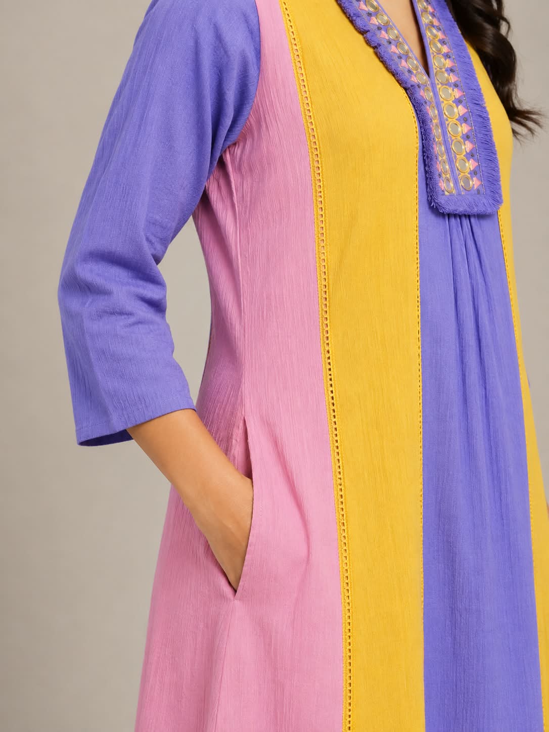 Multicolor Cotton Co-Ord Set with Embellished Neckline & Palazzo Pants