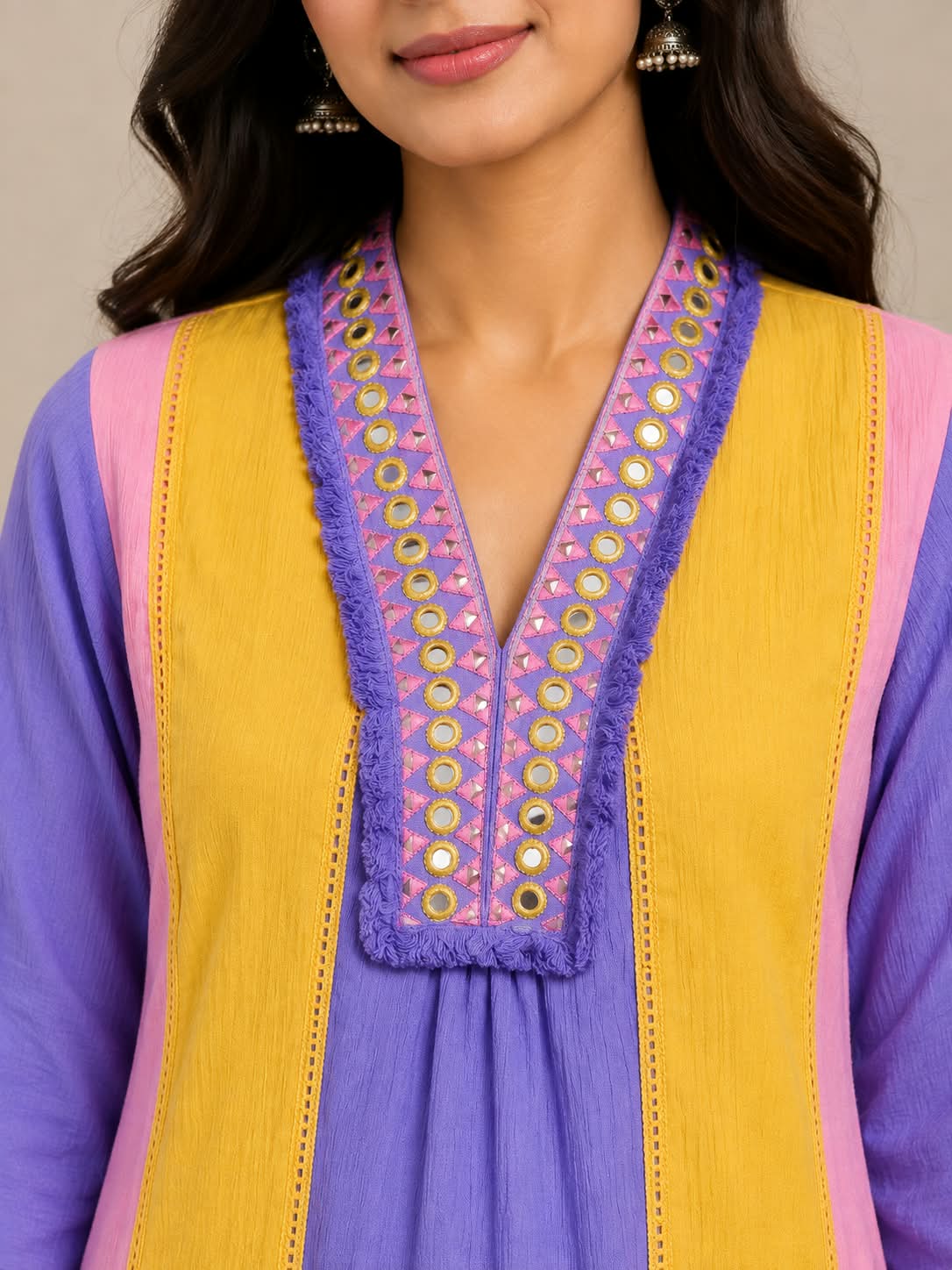 Multicolor Cotton Co-Ord Set with Embellished Neckline & Palazzo Pants