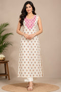 Ivory Floral Printed Sleeveless Kurti with Embroidered Neckline