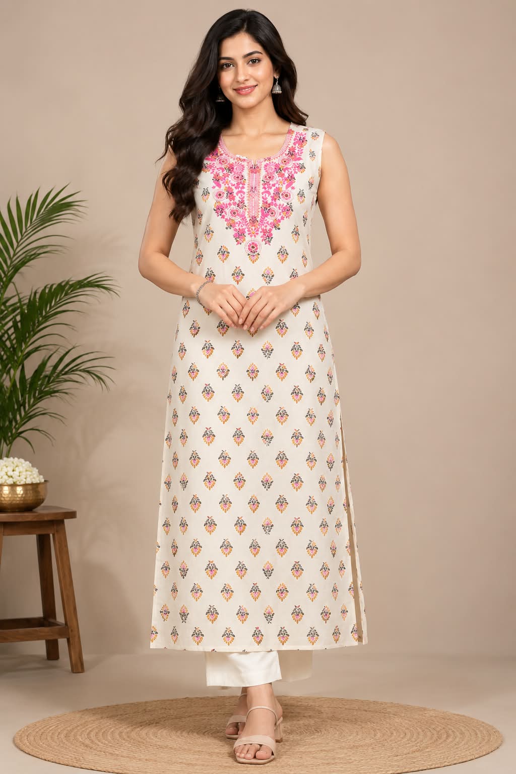 Ivory Floral Printed Sleeveless Kurti with Embroidered Neckline