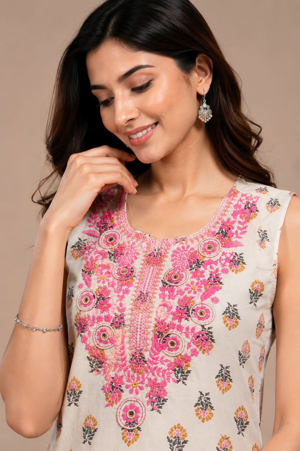 Ivory Floral Printed Sleeveless Kurti with Embroidered Neckline