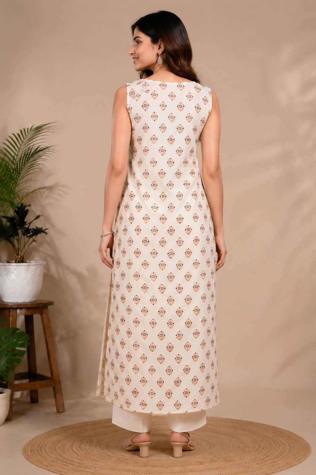 Ivory Floral Printed Sleeveless Kurti with Embroidered Neckline