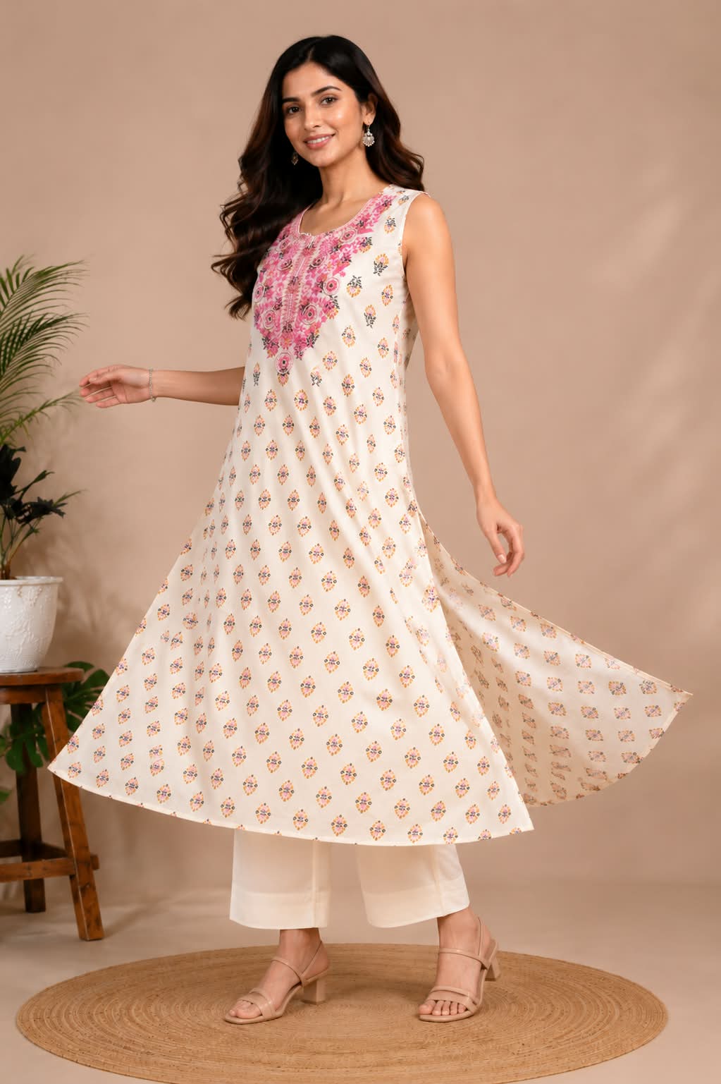 Ivory Floral Printed Sleeveless Kurti with Embroidered Neckline