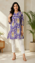 Purple Printed Cotton Short Kurti with Front Buttons & Lace Detail