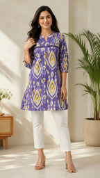 Purple Printed Cotton Short Kurti with Front Buttons & Lace Detail