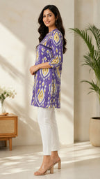 Purple Printed Cotton Short Kurti with Front Buttons & Lace Detail