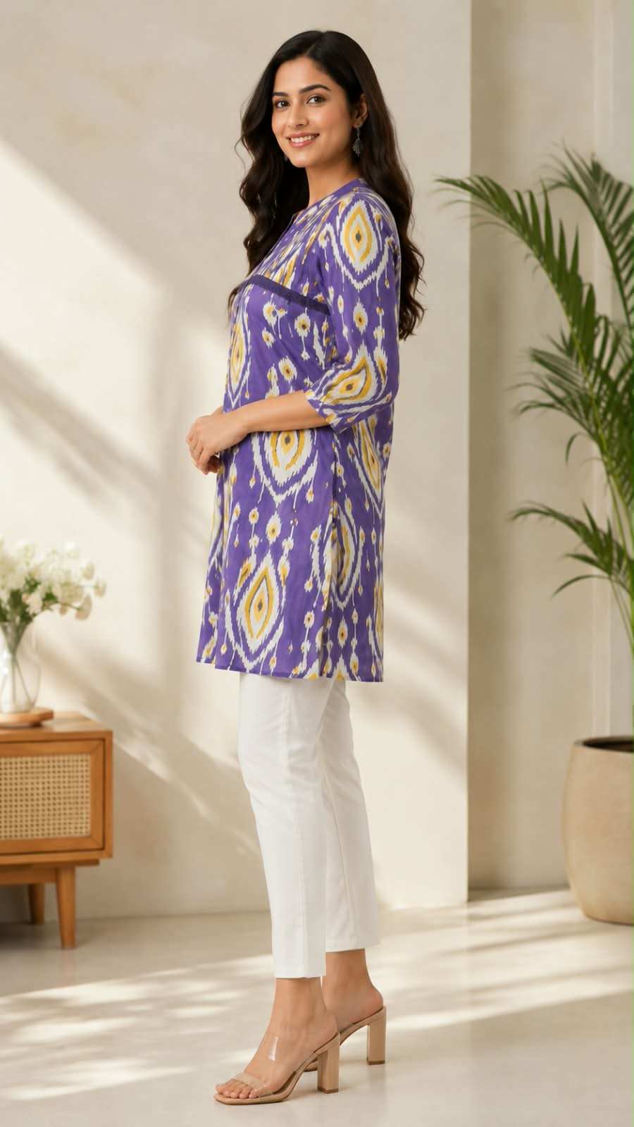 Purple Printed Cotton Short Kurti with Front Buttons & Lace Detail