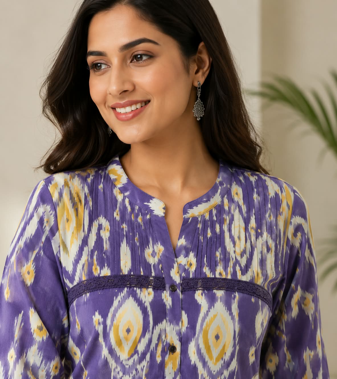 Purple Printed Cotton Short Kurti with Front Buttons & Lace Detail