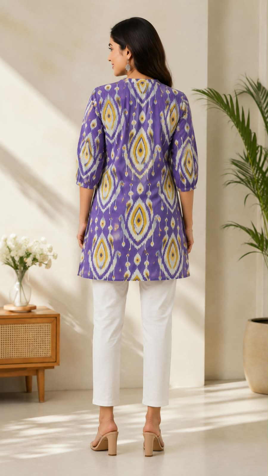 Purple Printed Cotton Short Kurti with Front Buttons & Lace Detail