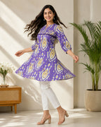 Purple Printed Cotton Short Kurti with Front Buttons & Lace Detail