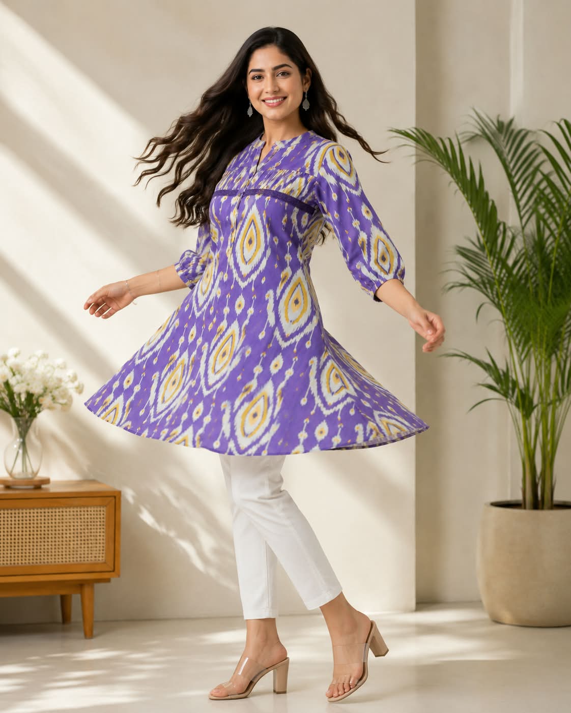 Purple Printed Cotton Short Kurti with Front Buttons & Lace Detail