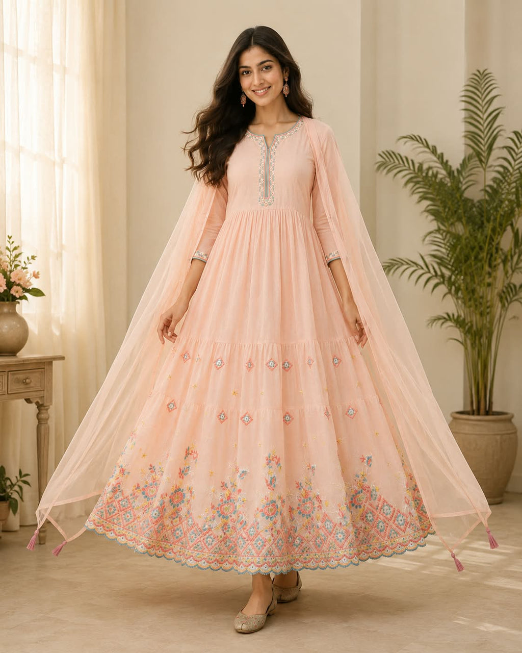 Peach Cotton Mul Anarkali 3-Piece Suit with Printed Border & Dupatta