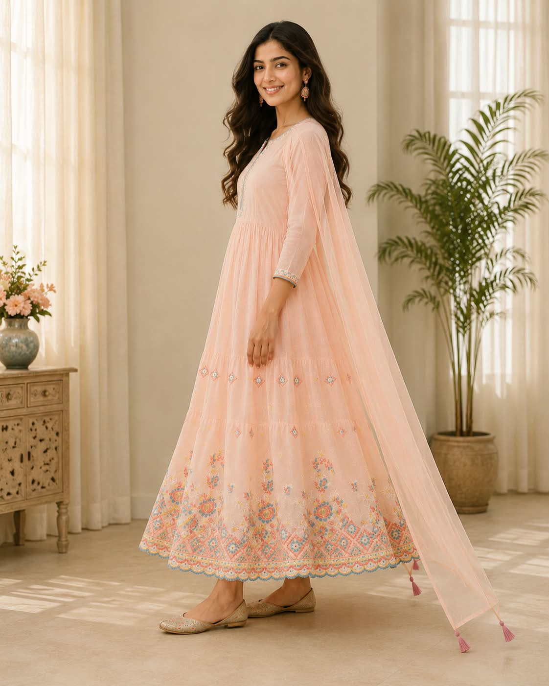 Peach Cotton Mul Anarkali 3-Piece Suit with Printed Border & Dupatta