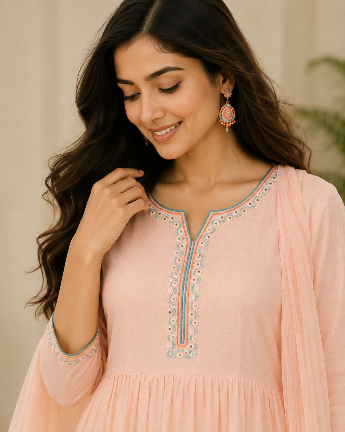 Peach Cotton Mul Anarkali 3-Piece Suit with Printed Border & Dupatta
