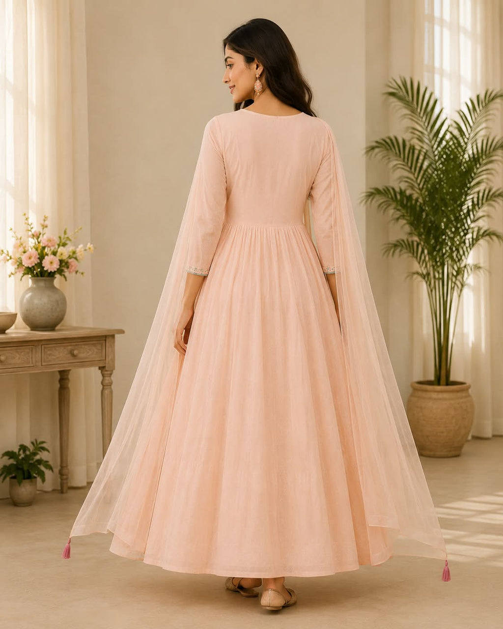 Peach Cotton Mul Anarkali 3-Piece Suit with Printed Border & Dupatta